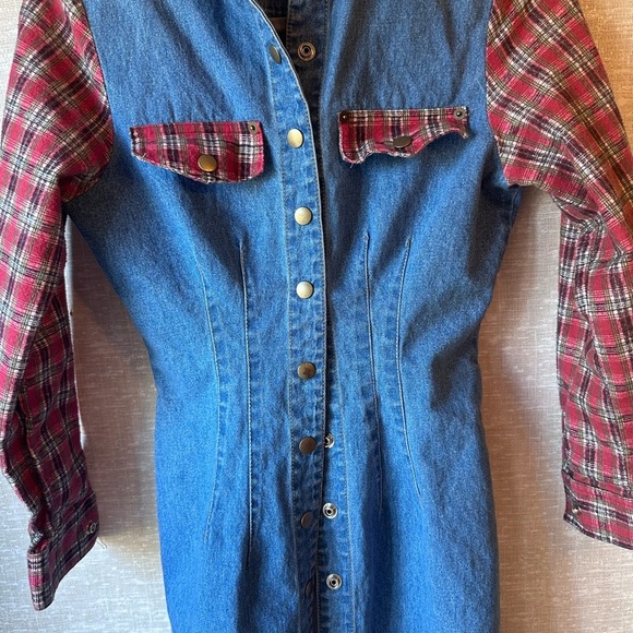 Vintage Denim Long Dress with Red Plaid Sleeves Full Length Snaps - Picture 2 of 8